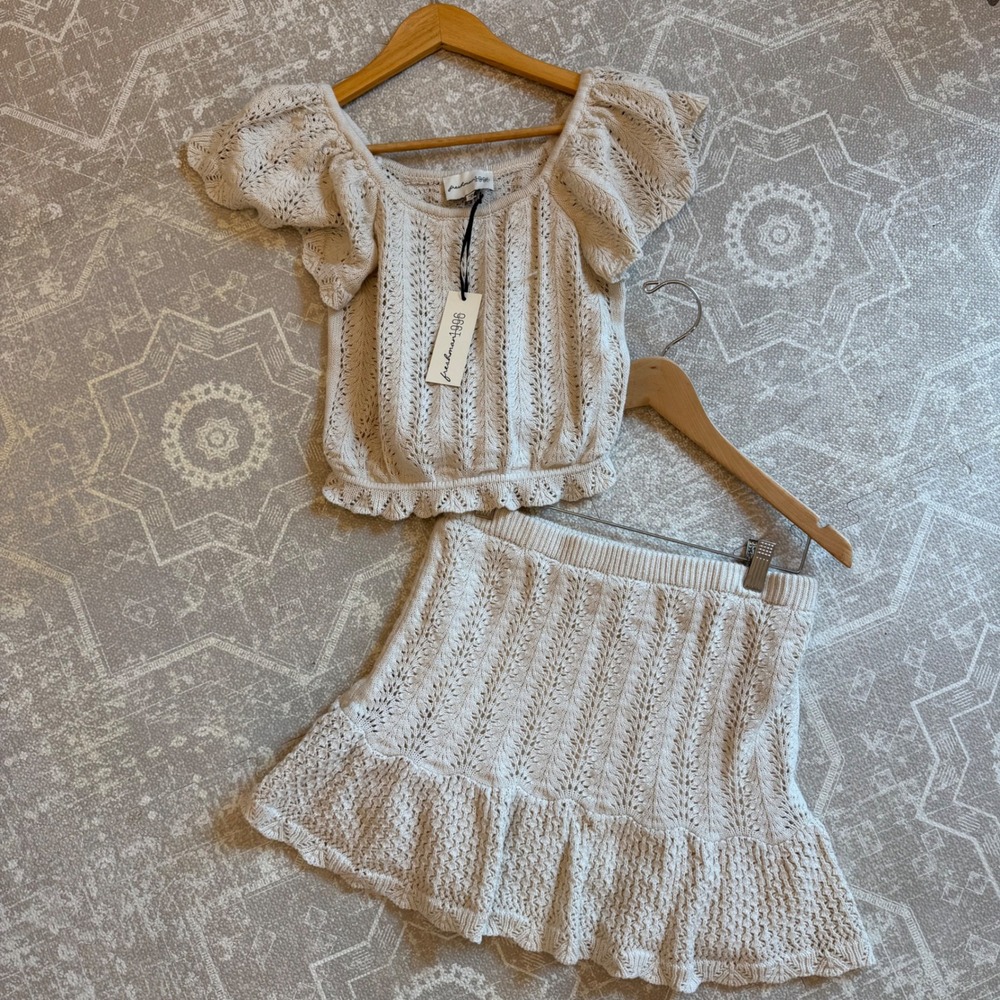 Knit Skirt Set Women M Beige Pointelle Puff Sleeve Crochet 2 Piece